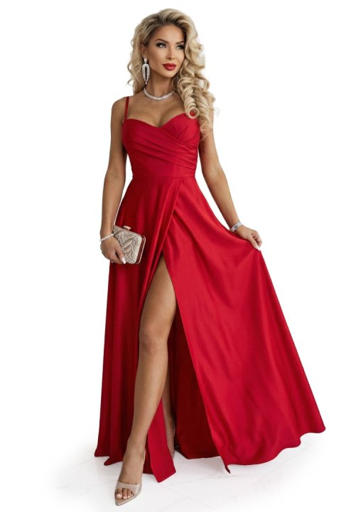 646-3 Długa sukienka wieczorowa na ramiączkach z rozcięciem na nodze - czerwona