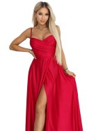 646-3 Długa sukienka wieczorowa na ramiączkach z rozcięciem na nodze - czerwona