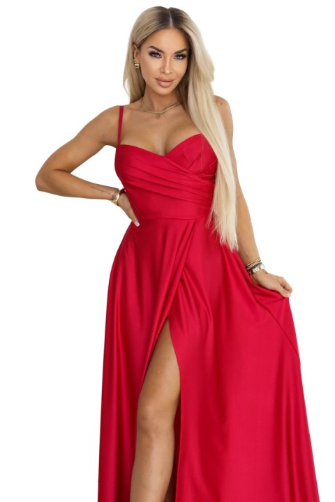 646-3 Długa sukienka wieczorowa na ramiączkach z rozcięciem na nodze - czerwona