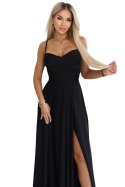 646-4 Długa sukienka wieczorowa na ramiączkach z rozcięciem na nodze - czarna