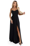 646-4 Długa sukienka wieczorowa na ramiączkach z rozcięciem na nodze - czarna