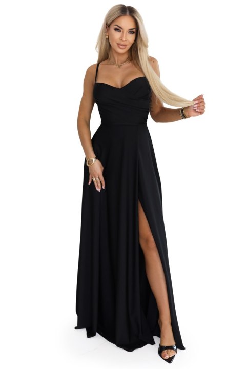 646-4 Długa sukienka wieczorowa na ramiączkach z rozcięciem na nodze - czarna