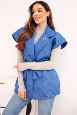 Kamizelka damska pikowana z paskiem i szerokim kołnierzem chabrowa