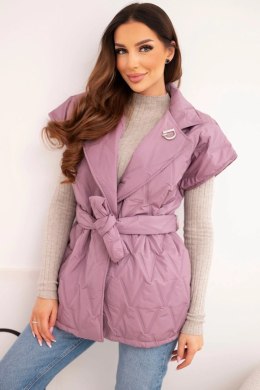 Kamizelka damska pikowana z paskiem i szerokim kołnierzem ciemno różowa