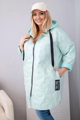 Kurtka damska Plus Size pikowana z kapturem i napisem HOPE jasno miętowa