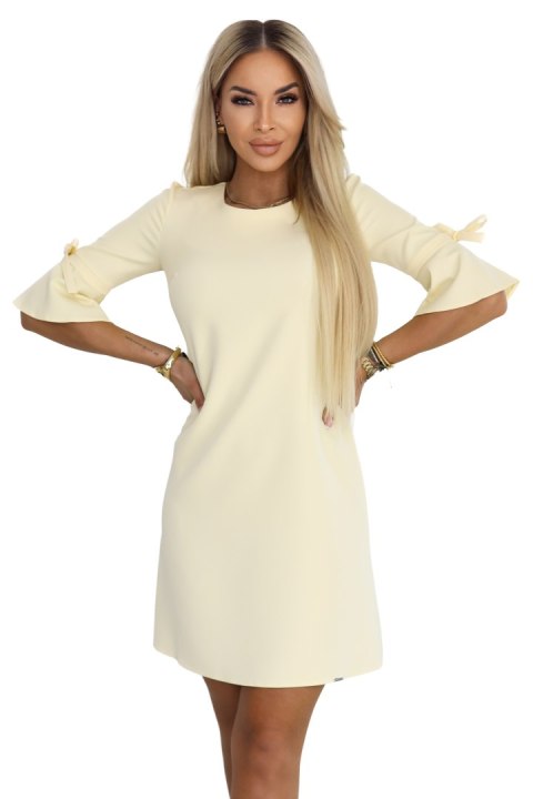 217-12 NEVA Kobieca trapezowa sukienka z wiązaniem na rękawkach - pastelowy żółty