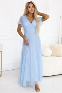 635-6 MELANIA długa błyszcząca suknia z dekoltem i krótkim rękawkiem - błękitna