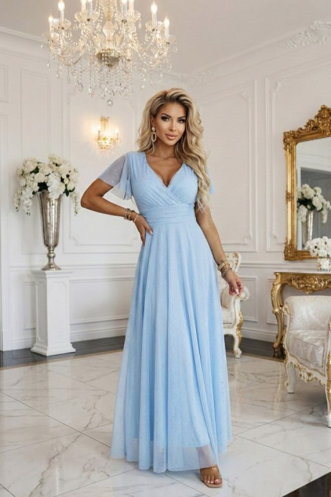 635-6 MELANIA długa błyszcząca suknia z dekoltem i krótkim rękawkiem - błękitna