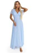 635-6 MELANIA długa błyszcząca suknia z dekoltem i krótkim rękawkiem - błękitna