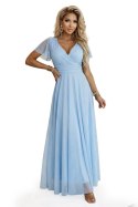 635-6 MELANIA długa błyszcząca suknia z dekoltem i krótkim rękawkiem - błękitna