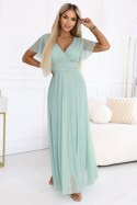 635-8 MELANIA długa błyszcząca suknia z dekoltem i krótkim rękawkiem - pistacjowa