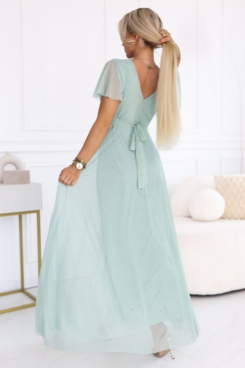 635-8 MELANIA długa błyszcząca suknia z dekoltem i krótkim rękawkiem - pistacjowa