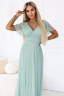 635-8 MELANIA długa błyszcząca suknia z dekoltem i krótkim rękawkiem - pistacjowa