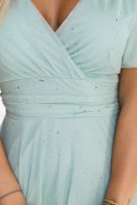 635-8 MELANIA długa błyszcząca suknia z dekoltem i krótkim rękawkiem - pistacjowa