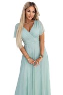 635-8 MELANIA długa błyszcząca suknia z dekoltem i krótkim rękawkiem - pistacjowa
