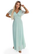 635-8 MELANIA długa błyszcząca suknia z dekoltem i krótkim rękawkiem - pistacjowa