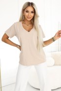 665-3 Bawełniana bluzka damska z dekoltem V i krótkim rękawkiem - beżowa