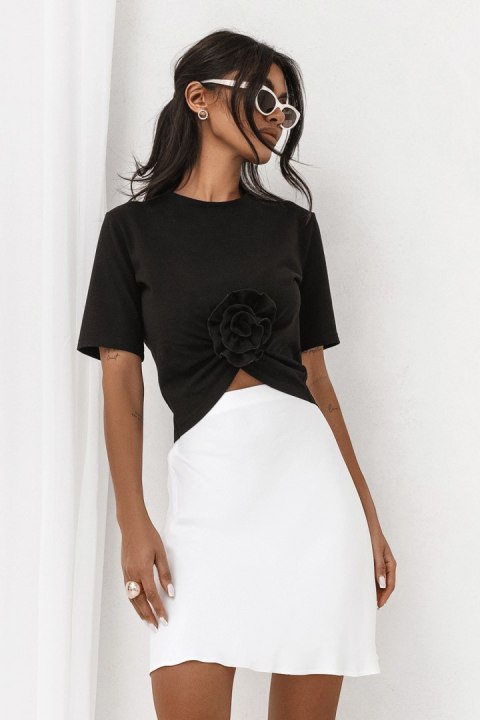 Czarny t-shirt Elvie z marszczeniem i różą