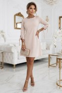 195-12 ALICE Trapezowa sukienka mini z kokardą i wiązanymi rękawami - beżowa