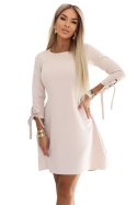 195-12 ALICE Trapezowa sukienka mini z kokardą i wiązanymi rękawami - beżowa