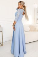 309-15 AMBER elegancka długa koronkowa suknia z dekoltem - błękitna