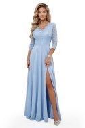 309-15 AMBER elegancka długa koronkowa suknia z dekoltem - błękitna