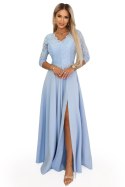 309-15 AMBER elegancka długa koronkowa suknia z dekoltem - błękitna
