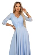 309-15 AMBER elegancka długa koronkowa suknia z dekoltem - błękitna