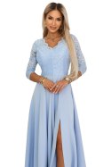 309-15 AMBER elegancka długa koronkowa suknia z dekoltem - błękitna