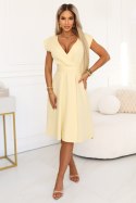 348-13 SCARLETT rozkloszowana sukienka midi z kopertowym dekoltem i paskiem - masełkowy żółty