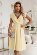348-13 SCARLETT rozkloszowana sukienka midi z kopertowym dekoltem i paskiem - masełkowy żółty
