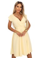 348-13 SCARLETT rozkloszowana sukienka midi z kopertowym dekoltem i paskiem - masełkowy żółty