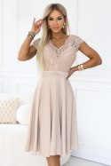 381-7 LINDA szyfonowa zwiewna sukienka z koronkowym dekoltem - beżowa