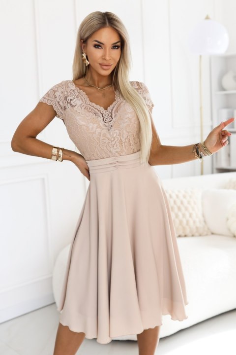 381-7 LINDA szyfonowa zwiewna sukienka z koronkowym dekoltem - beżowa