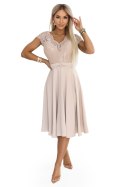 381-7 LINDA szyfonowa zwiewna sukienka z koronkowym dekoltem - beżowa