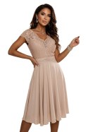 381-7 LINDA szyfonowa zwiewna sukienka z koronkowym dekoltem - beżowa
