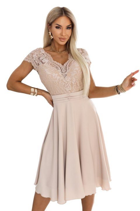381-7 LINDA szyfonowa zwiewna sukienka z koronkowym dekoltem - beżowa
