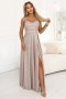 589-4 Długa sukienka z subtelnym połyskiem i gorsetowym wiązaniem na plecach - beżowy róż z brokatem