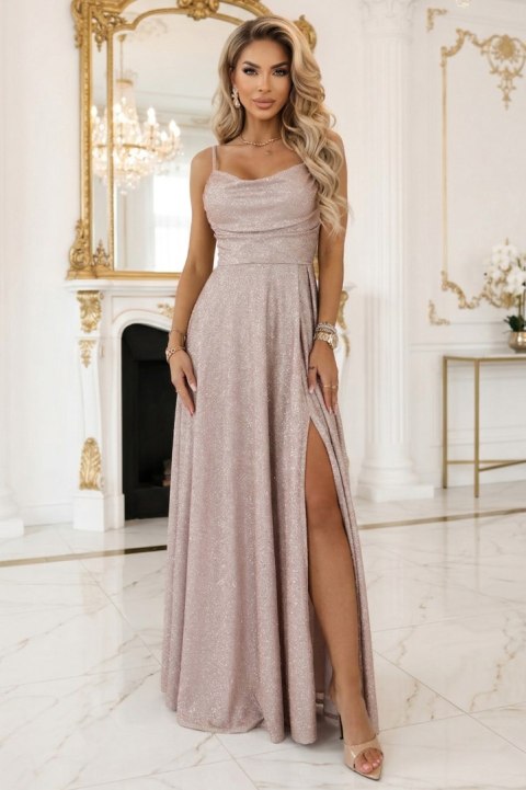 589-4 Długa sukienka z subtelnym połyskiem i gorsetowym wiązaniem na plecach - beżowy róż z brokatem