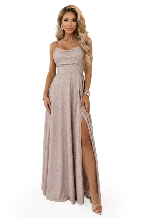 589-4 Długa sukienka z subtelnym połyskiem i gorsetowym wiązaniem na plecach - beżowy róż z brokatem