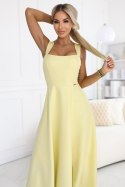 633-3 AURELIA długa sukienka na wesele z rozcięciem i dekoltem w caro - masełkowy żółty z brokatem