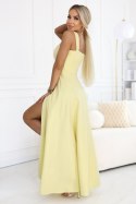 633-3 AURELIA długa sukienka na wesele z rozcięciem i dekoltem w caro - masełkowy żółty z brokatem