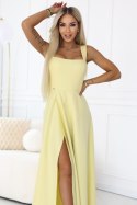 633-3 AURELIA długa sukienka na wesele z rozcięciem i dekoltem w caro - masełkowy żółty z brokatem