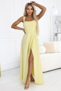 633-3 AURELIA długa sukienka na wesele z rozcięciem i dekoltem w caro - masełkowy żółty z brokatem