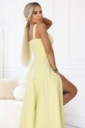 633-3 AURELIA długa sukienka na wesele z rozcięciem i dekoltem w caro - masełkowy żółty z brokatem