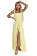 633-3 AURELIA długa sukienka na wesele z rozcięciem i dekoltem w caro - masełkowy żółty z brokatem