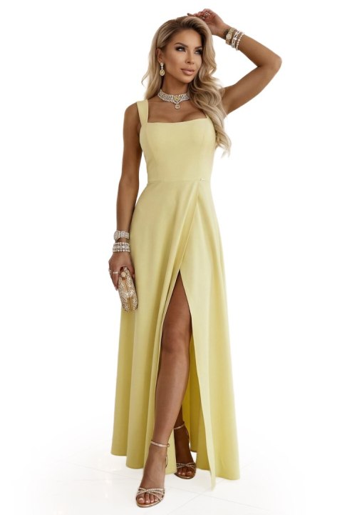 633-3 AURELIA długa sukienka na wesele z rozcięciem i dekoltem w caro - masełkowy żółty z brokatem