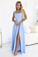 633-4 AURELIA długa sukienka na wesele z rozcięciem i dekoltem w caro - błękitna z brokatem
