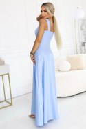 633-4 AURELIA długa sukienka na wesele z rozcięciem i dekoltem w caro - błękitna z brokatem