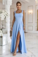 633-4 AURELIA długa sukienka na wesele z rozcięciem i dekoltem w caro - błękitna z brokatem